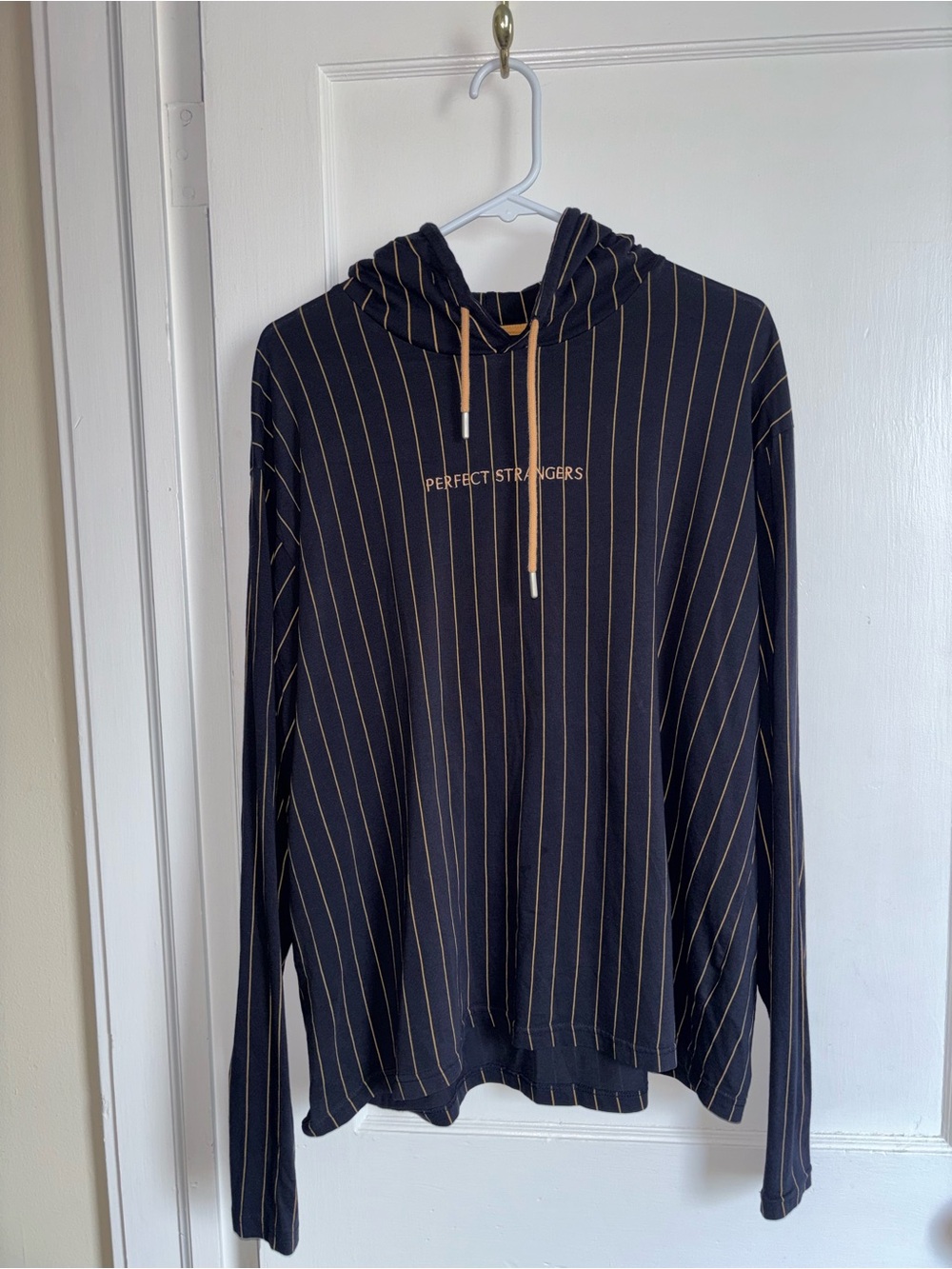 Men’s Navy Hooded Long Sleeve, Tan Pinstripes